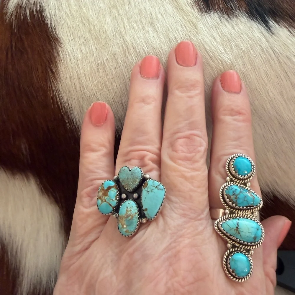 ❤️ #8 Turquoise Navajo Style 4 Stone Heart Statement Ring Adj Unisex 7.8 Gms 925